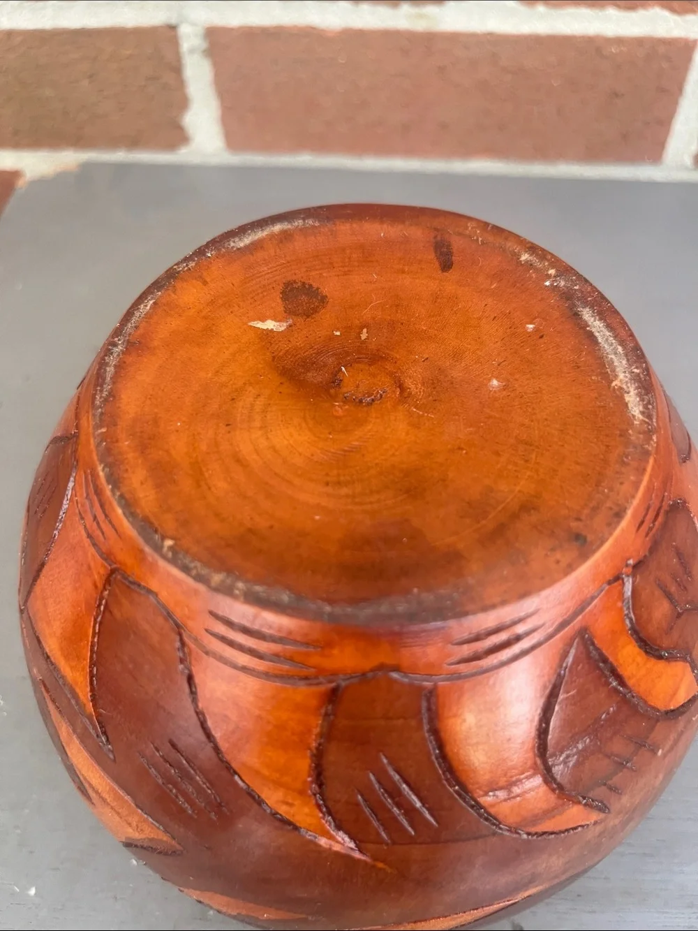 Vintage Hand-Carved Turned Wood Bowl Warm Brown Finish with Fish & Floral Design